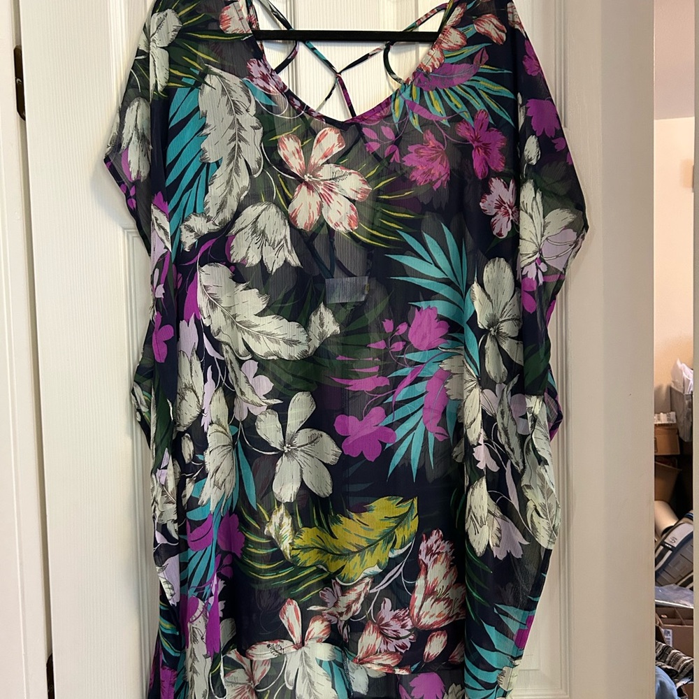 Kona Sol Purple and Green Tropical Swim Coverup